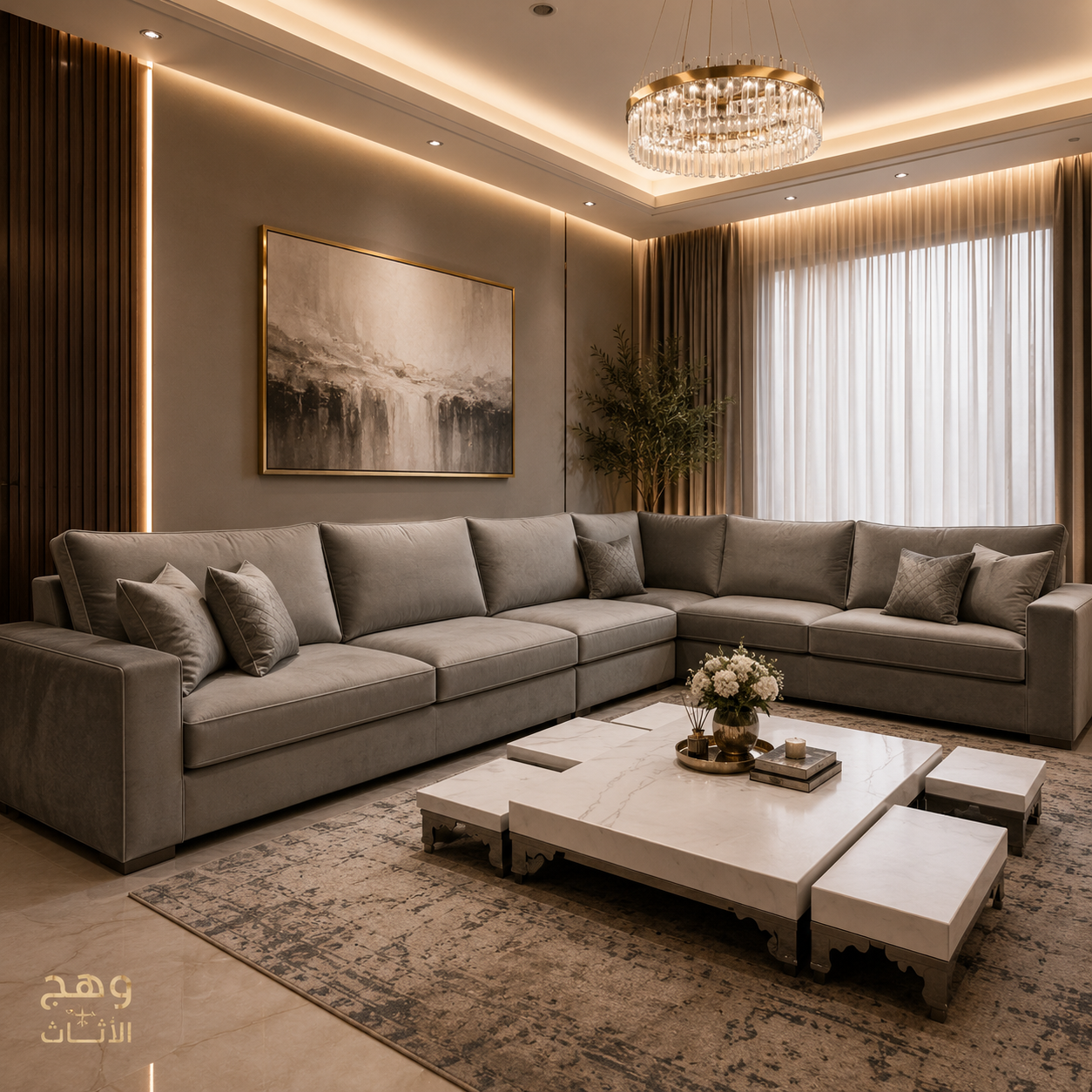 طقم كنب زاوية مودرن "رمادي دافئ مع طاولة رخامية"