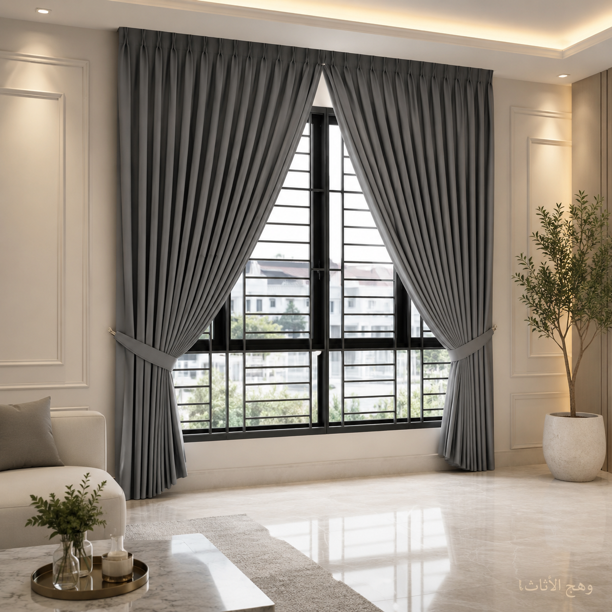 ستائر عصرية معتمة "رمادي أنيق مع ربطات جانبية"v