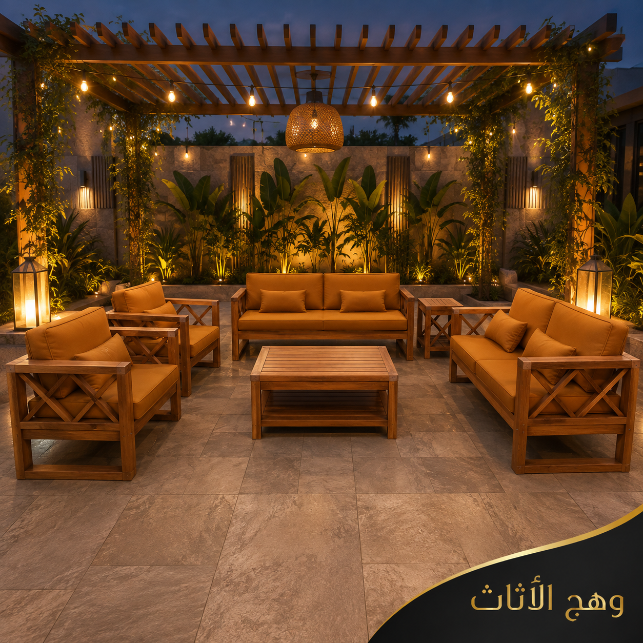 طقم جلسة خارجية فاخرة "أصالة الخشب" (تصميم العريشة)